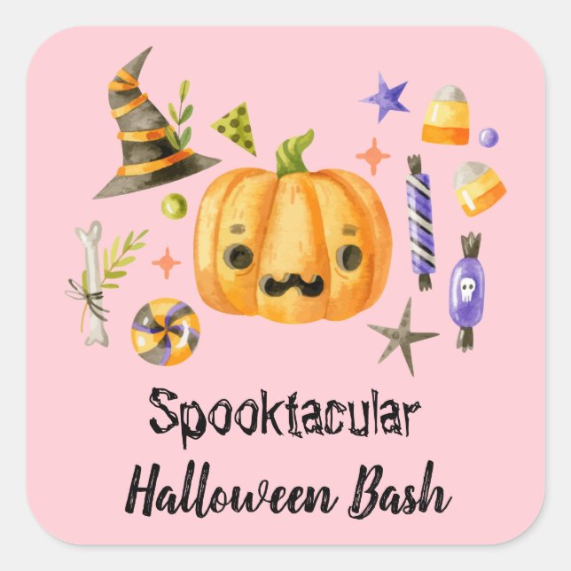 Pumpkin Spooktacular Halloween Bash Party Pink Square Sticker (Front)