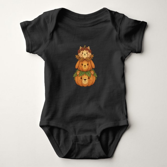 Pumpkin Stack Friends | Cosy Fall Animals | Kawaii Baby Bodysuit (Front)