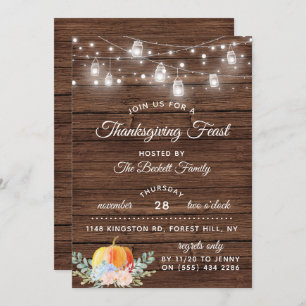 Pumpkin & String Lights Rustic Thanksgiving Dinner Invitation