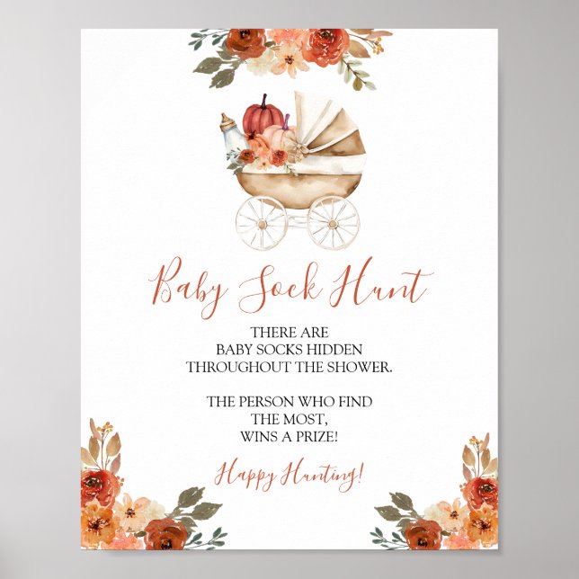 Pumpkin Stroller Floral Baby Shower Baby Sock Hunt Poster (Front)