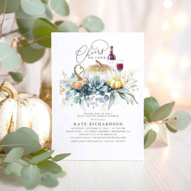Pumpkin Succulents Fall Wine Tasting Bridal Shower Invitation (Cheers to Love - Bridal Shower Invitations with Pumpkins and Succulents Greenery)