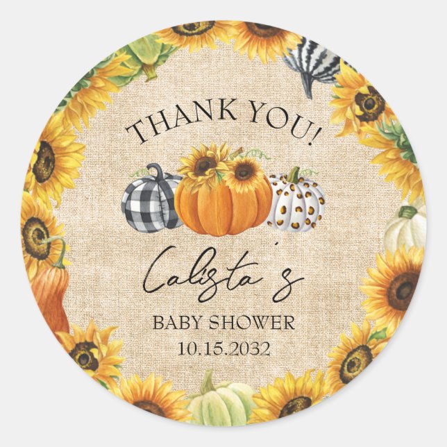 Pumpkin Sunflower Burlap Baby Shower Thank You Classic Round Sticker (Front)
