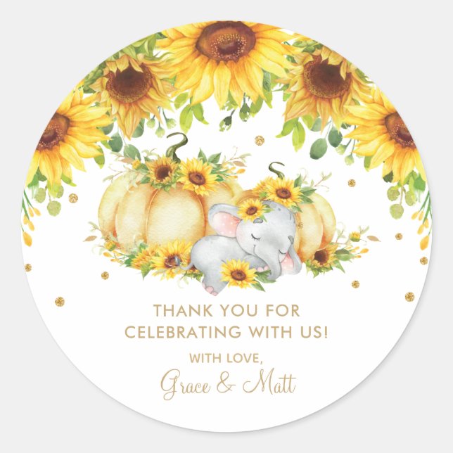 Pumpkin Sunflower Elephant Thank You Gold Glitter Classic Round Sticker (Front)