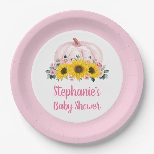 Pumpkin Sunflower Pink Floral Fall Baby Shower Paper Plate (Front)