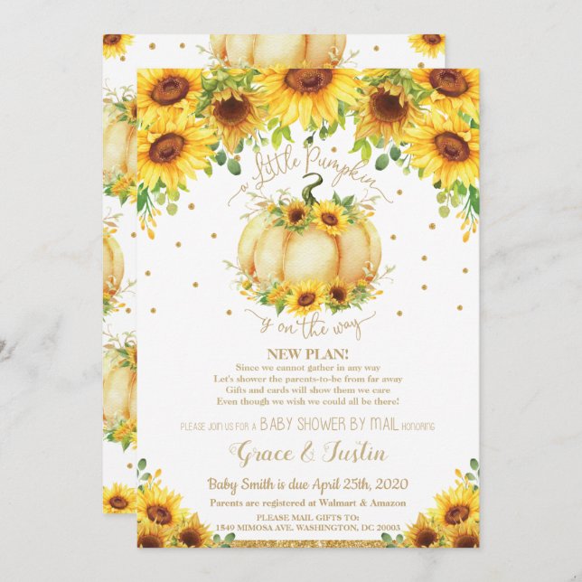 Pumpkin Sunflower Virtual Baby Shower by Mail Invitation (Front/Back)