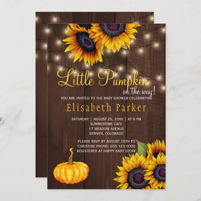 Pumpkin Sunflowers Rustic Barn Wood Baby Shower Invitation (Front/Back)