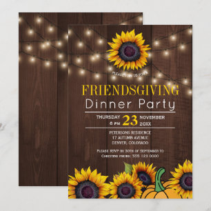 Pumpkin Sunflowers Rustic Barn Wood Friendsgiving Invitation