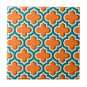 Pumpkin, Teal, White Moroccan Quatrefoil #5DS Ceramic Tile