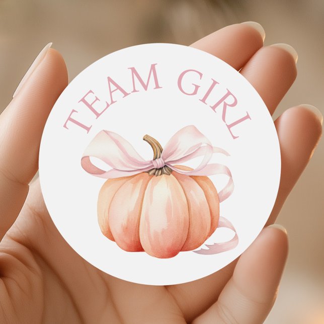 Pumpkin Team Girl Gender Reveal Classic Round Sticker (Creator Uploaded)
