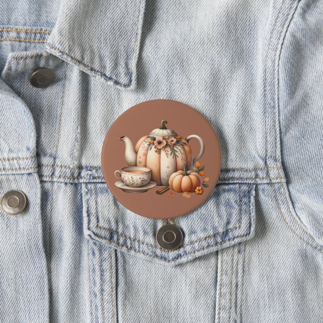 Pumpkin Teapot with Fall Florals Illustration 7.5 Cm Round Badge (In Situ)