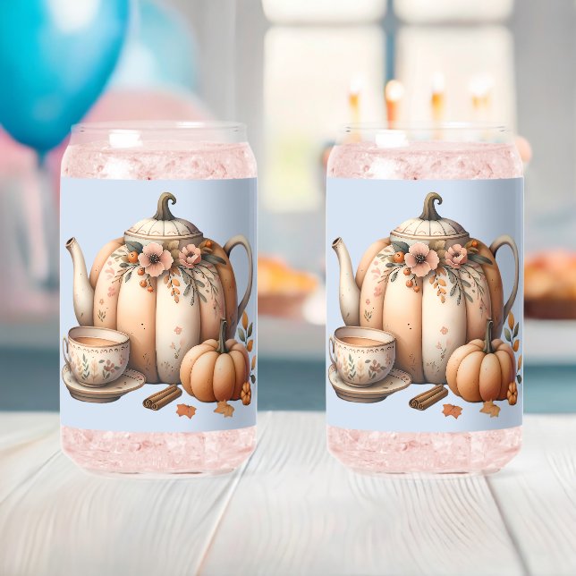 Pumpkin Teapot with Fall Florals Illustration Can Glass (Insitu (Baby Shower))