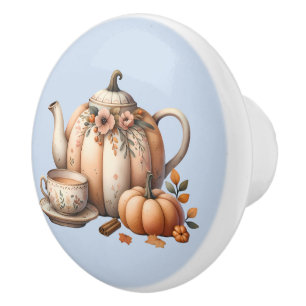 Pumpkin Teapot with Fall Florals Illustration Ceramic Knob