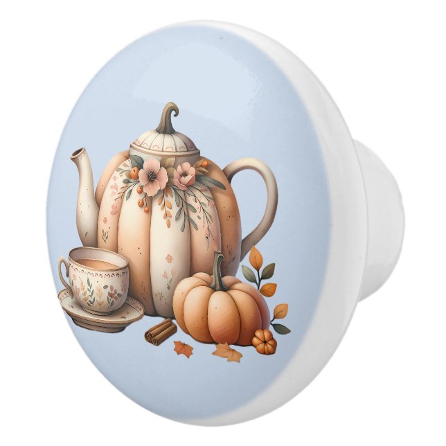 Pumpkin Teapot with Fall Florals Illustration Ceramic Knob (Right)