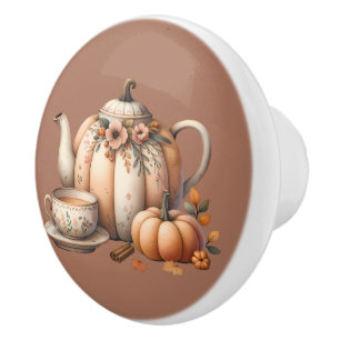 Pumpkin Teapot with Fall Florals Illustration Ceramic Knob