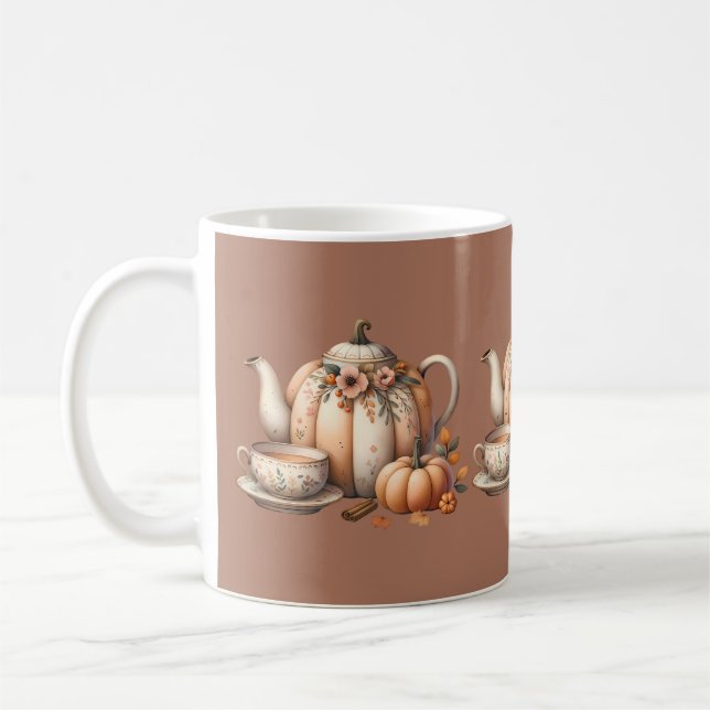 Pumpkin Teapot with Fall Florals Illustration Coffee Mug (Left)