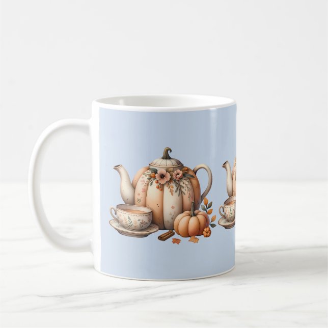 Pumpkin Teapot with Fall Florals Illustration Coffee Mug (Left)