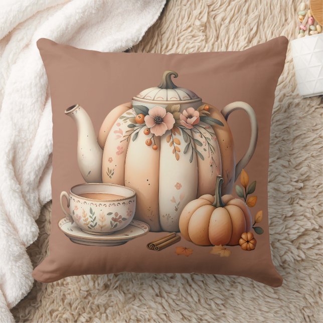 Pumpkin Teapot with Fall Florals Illustration Cushion (Blanket)