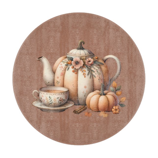 Pumpkin Teapot with Fall Florals Illustration Cutting Board (Front)