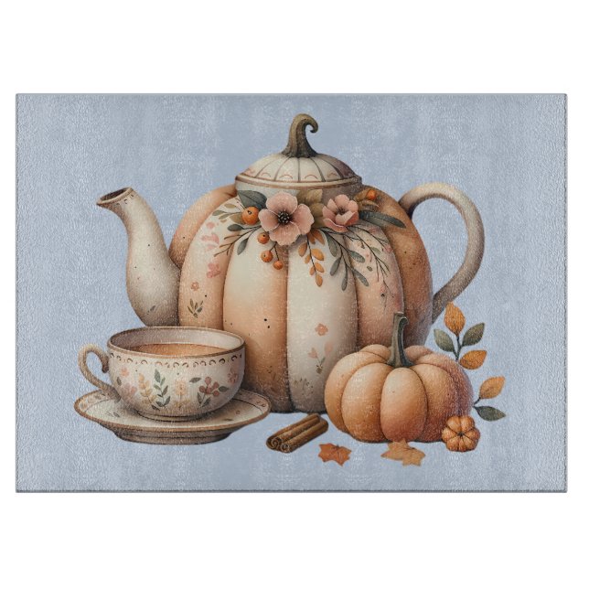 Pumpkin Teapot with Fall Florals Illustration Cutting Board (Front)
