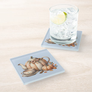 Pumpkin Teapot with Fall Florals Illustration Glass Coaster