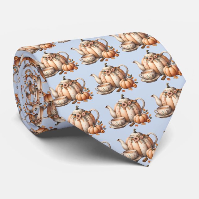Pumpkin Teapot with Fall Florals Illustration Tie (Rolled)
