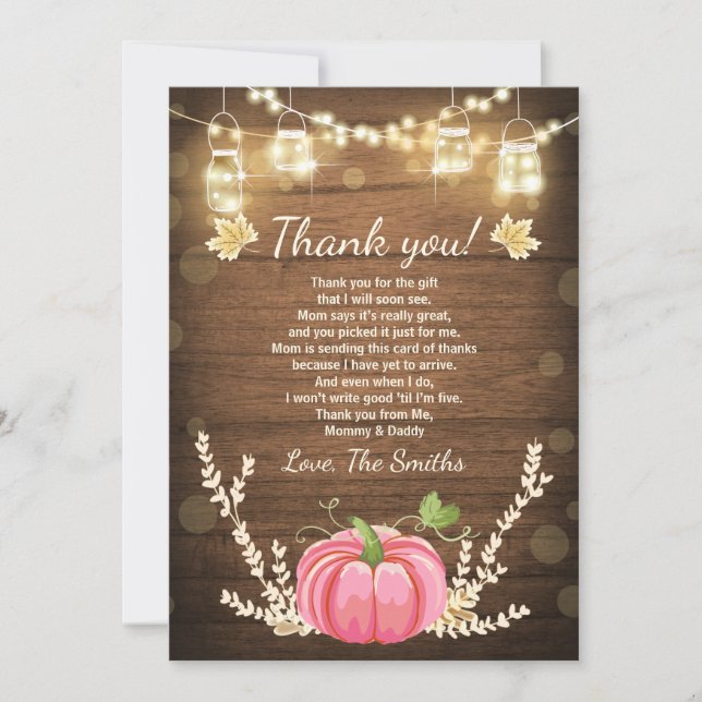 Pumpkin Thank You Card Rustic Fall Baby Shower (Front)