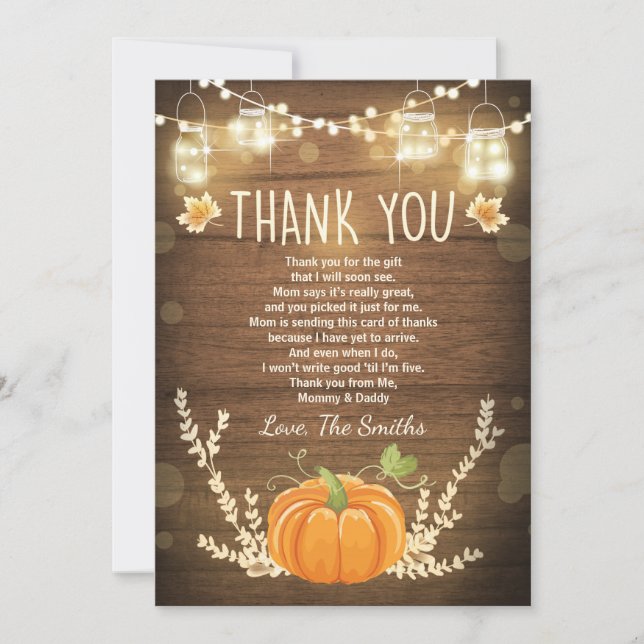 Pumpkin thank you card Rustic Fall Baby shower (Front)