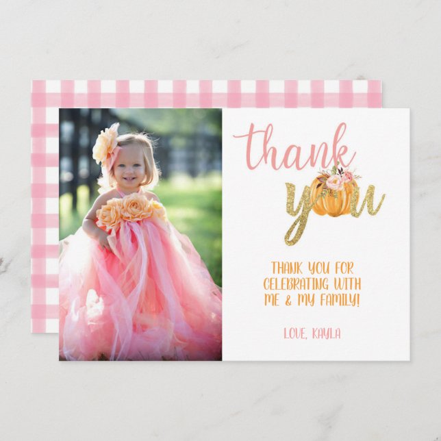 Pumpkin Thank You Photo Card - Girl (Plaid) (Front/Back)