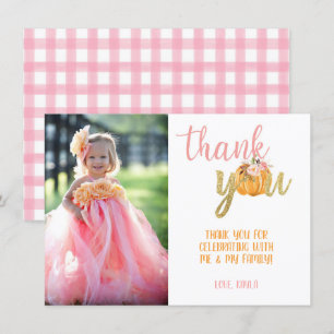 Pumpkin Thank You Photo Card - Girl (Plaid)