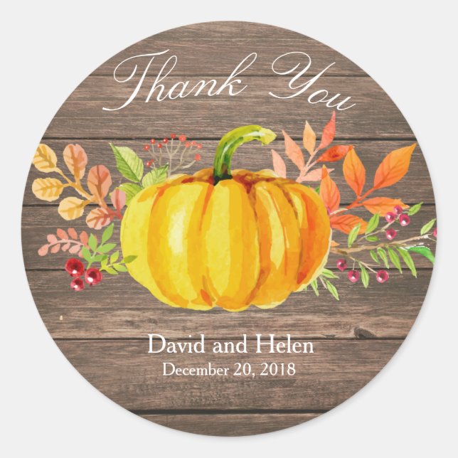 Pumpkin Thank You Round Sticker Rustic Wood (Front)