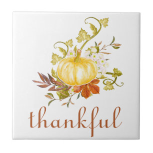 Pumpkin Thankful Watercolor Thanksgiving Ceramic Tile