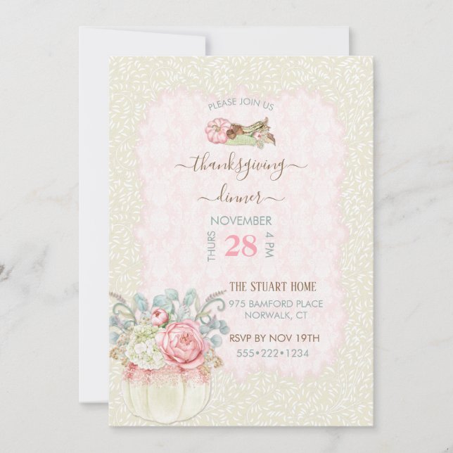 Pumpkin Thanksgiving Dinner Pink Ivory Invitation (Front)