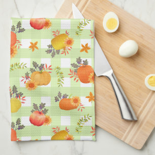 Pumpkin Thanksgiving Gingham Green Tea Towel
