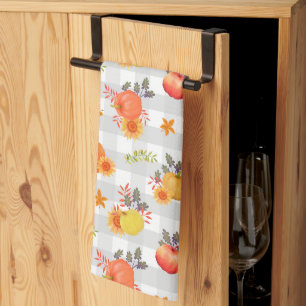 Pumpkin Thanksgiving Gingham Grey Tea Towel