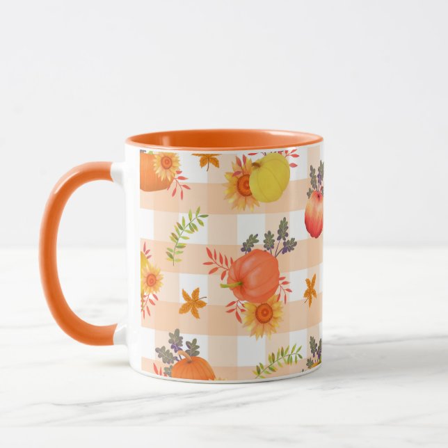 Pumpkin Thanksgiving Gingham Peach Mug (Left)