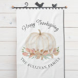 Pumpkin Thanksgiving  Tea Towel<br><div class="desc">This Happy Thanksgiving kitchen towel features a rustic watercolor white pumpkin and fall foliage with stylish script typography.
Easily customisable.
Makes a great Thanksgiving hostess gift.
Original Watercolor © Michele Davies.</div>