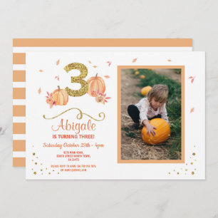 Pumpkin THREE Birthday 3rd Fall Party Photo Invite