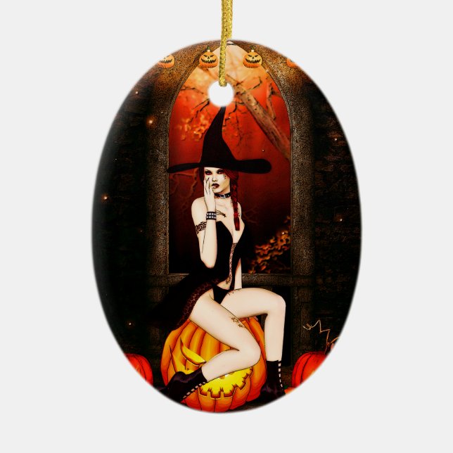 Pumpkin Throne Witch Ceramic Ornament (Front)