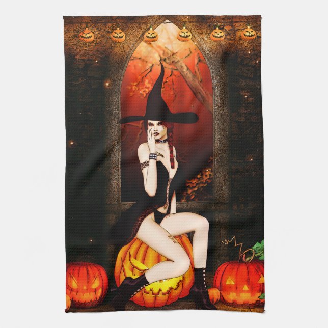 Pumpkin Throne Witch Tea Towel (Vertical)