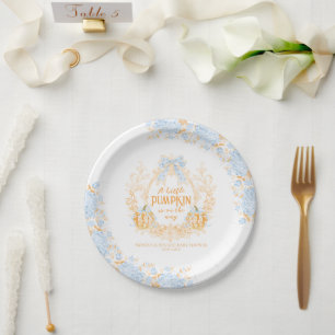 Pumpkin Toile Crest Elegant Boy Baby Shower Paper Plate