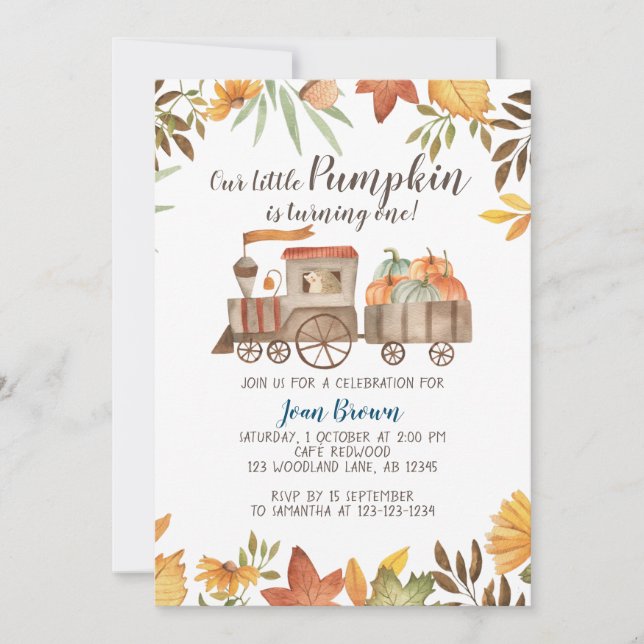 Pumpkin Train 1st Birthday, First Birthday Party Invitation (Front)