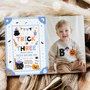 Pumpkin Trick Or Three Halloween Birthday Photo Invitation