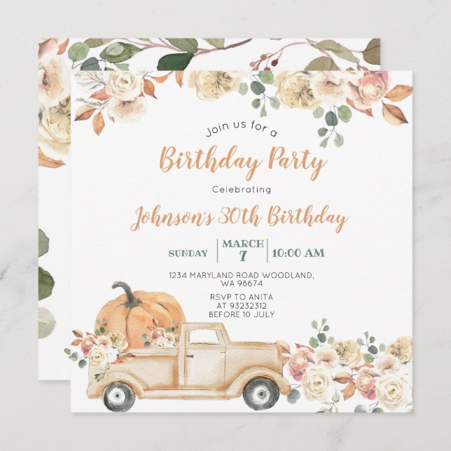 Pumpkin Truck 30th Birthday Party Rustic Floral Invitation (Front/Back)