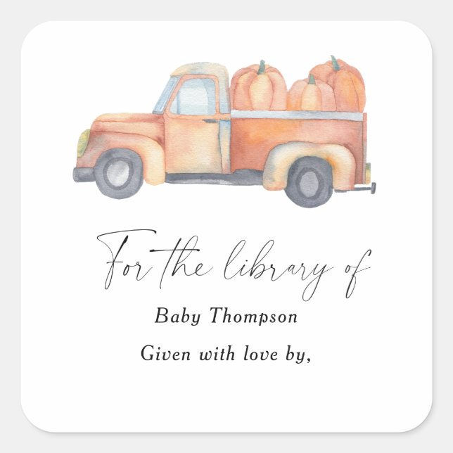 Pumpkin truck - Baby Shower bookplate Square Sticker (Front)