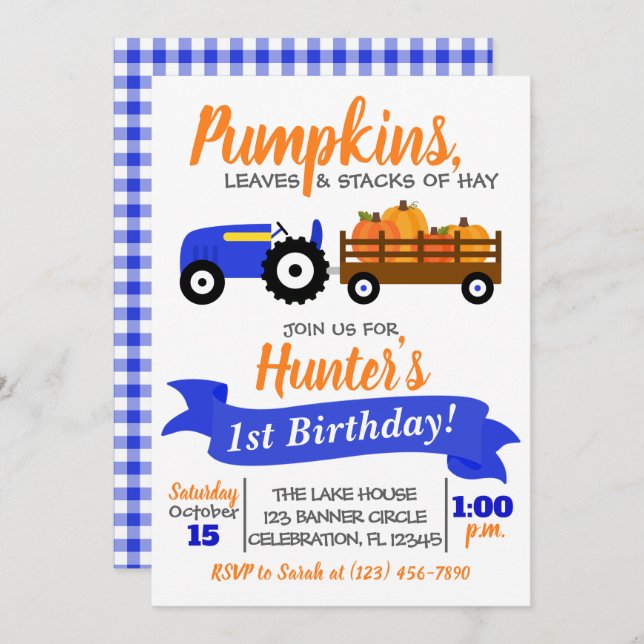 Pumpkin Truck Birthday Invitation - Blue Tractor (Front/Back)