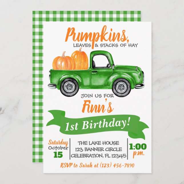 Pumpkin Truck Birthday Invitation - Green Truck (Front/Back)
