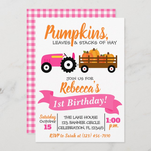 Pumpkin Truck Birthday Invitation - Pink Tractor (Front/Back)