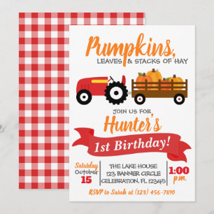Pumpkin Truck Birthday Invitation - Red Tractor