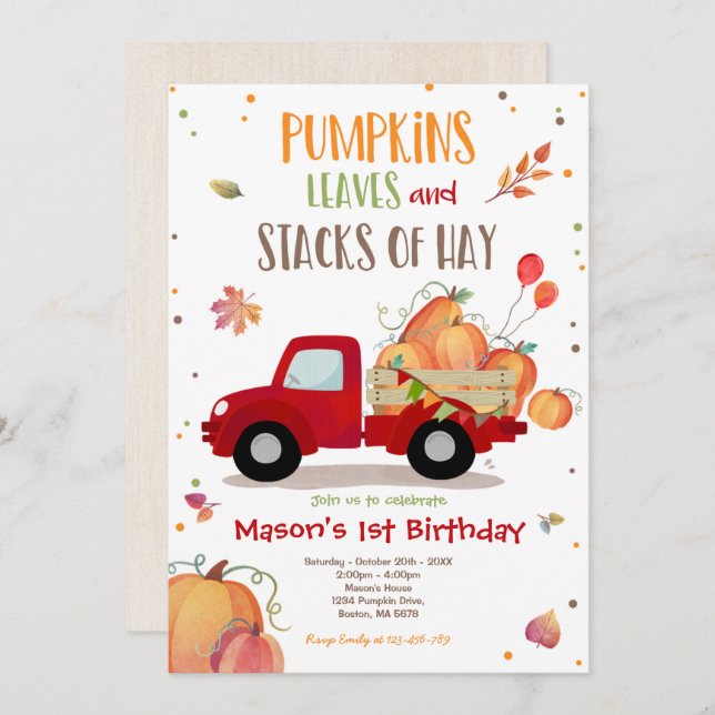 Pumpkin Truck Birthday Party Fall Pumpkin Birthday Invitation (Front/Back)