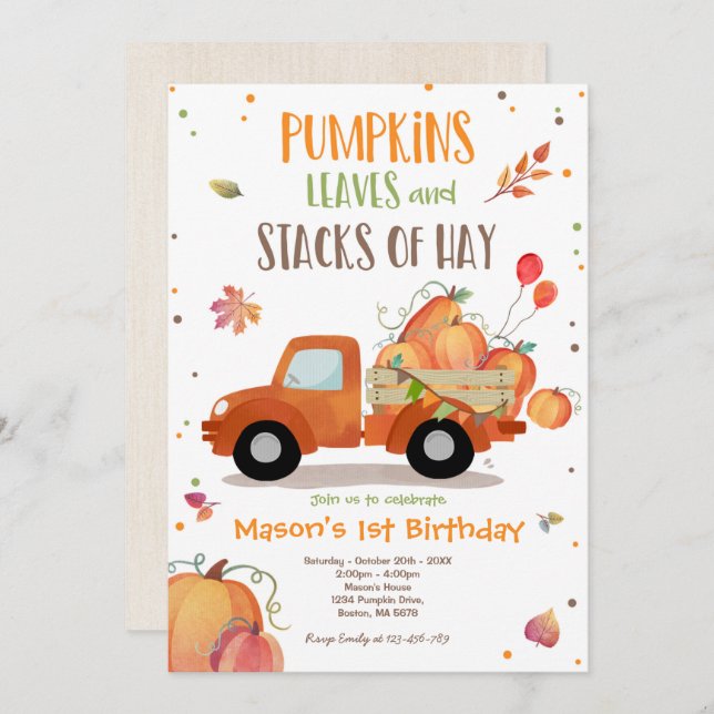 Pumpkin Truck Birthday Party Fall Pumpkin Birthday Invitation (Front/Back)
